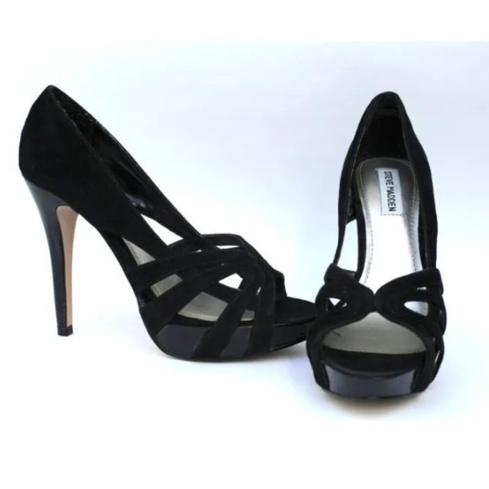Steve Madden Loyally Heels Black Suede/Patent Platform Peep-Toe Heels